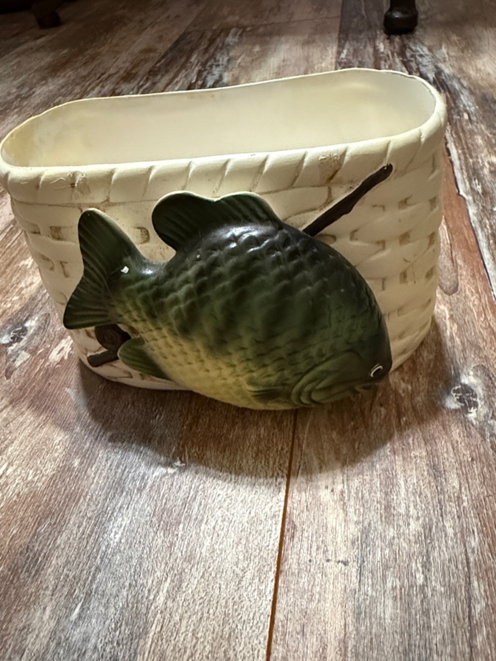 Vintage Napco Ceramic Fish Planter or holder.  Green Fish Accent